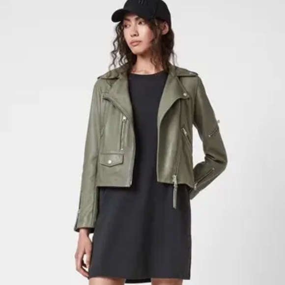 ALL SAINTS Darnley Slim Fit Biker olive/Sage green 100% Lamb Leather Jacket- 6 - Picture 5 of 16